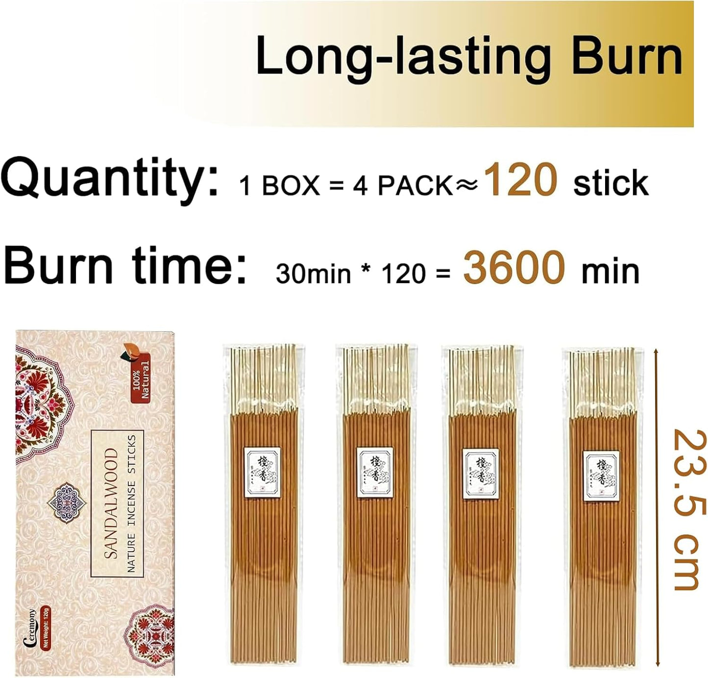 Sandalwood Incense Stick 120 Sticks,Charcoal Free, All Natural, Non Toxic, Meditation & Stress Relief120g Full Sized
