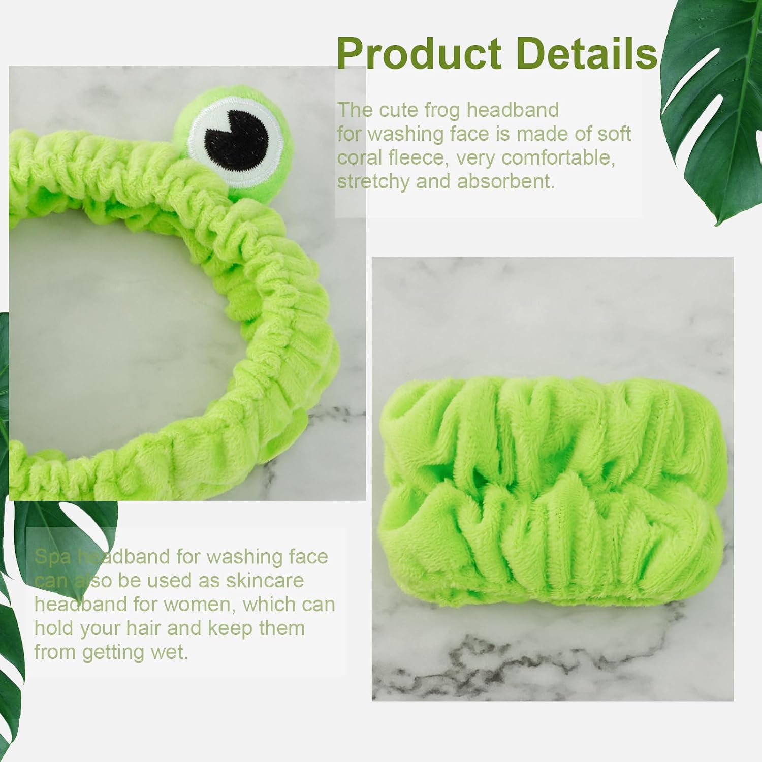 Skincare Headband Frog - 6pcs Set: 2 Green Frog Headbands for Skincare & 4 Wristbands for Washing Face - Non-Slip, Adjustable, Soft Microfiber, Warm Gift for Women, Girls