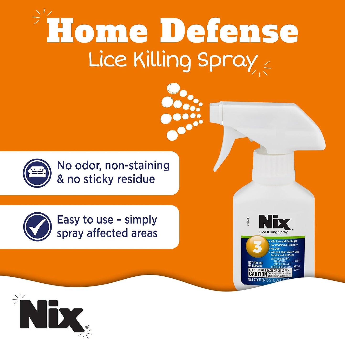 Nix Lice & Bed Bug Spray for Home Use, Kills Lice on Bedding & Furniture, Odor-Free & Non-Staining, 5 Fl Oz