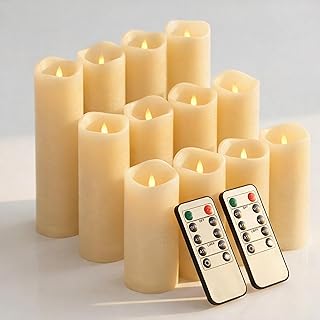 Waterproof Flameless Candles, 12 PC Battery Operated LED Pillar Candles with 2 Remote Controls & Timer, Flickering Indoor Outdoor Candles for Wedding, Patio, Easter, Bathroom, Home Decor, 4''5''6''