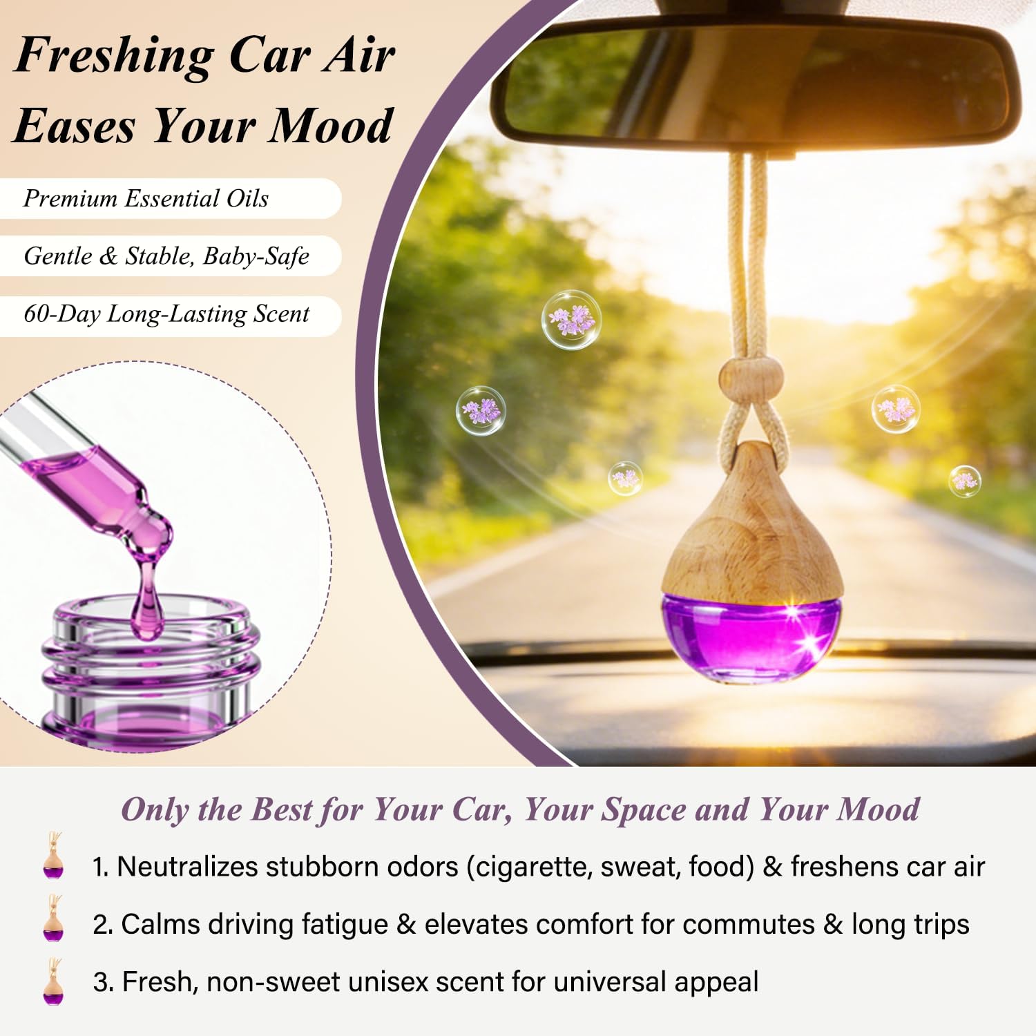 Car Air Freshener in Glass, Refillable Car Essential Oil Diffuser Lavender Scent – Reusable Fragrance Diffuser for Auto Odor Eliminator & Interior Decoration for Fresh and Relaxing Driving-2 Pack