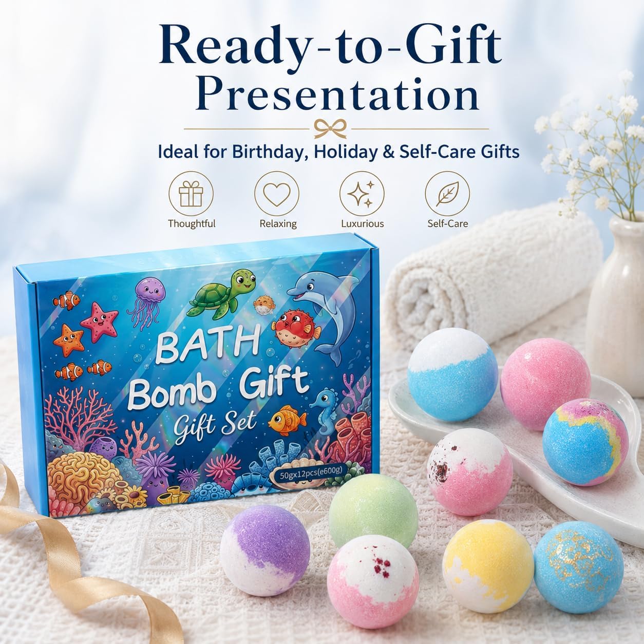 Ocean Bath Bomb Gift Set, 12 Pack Colorful Bath Fizzies, 1.76 oz Each, Bathwater Additive for Relaxing Soaks, Home Spa Bath Set for Women and Men
