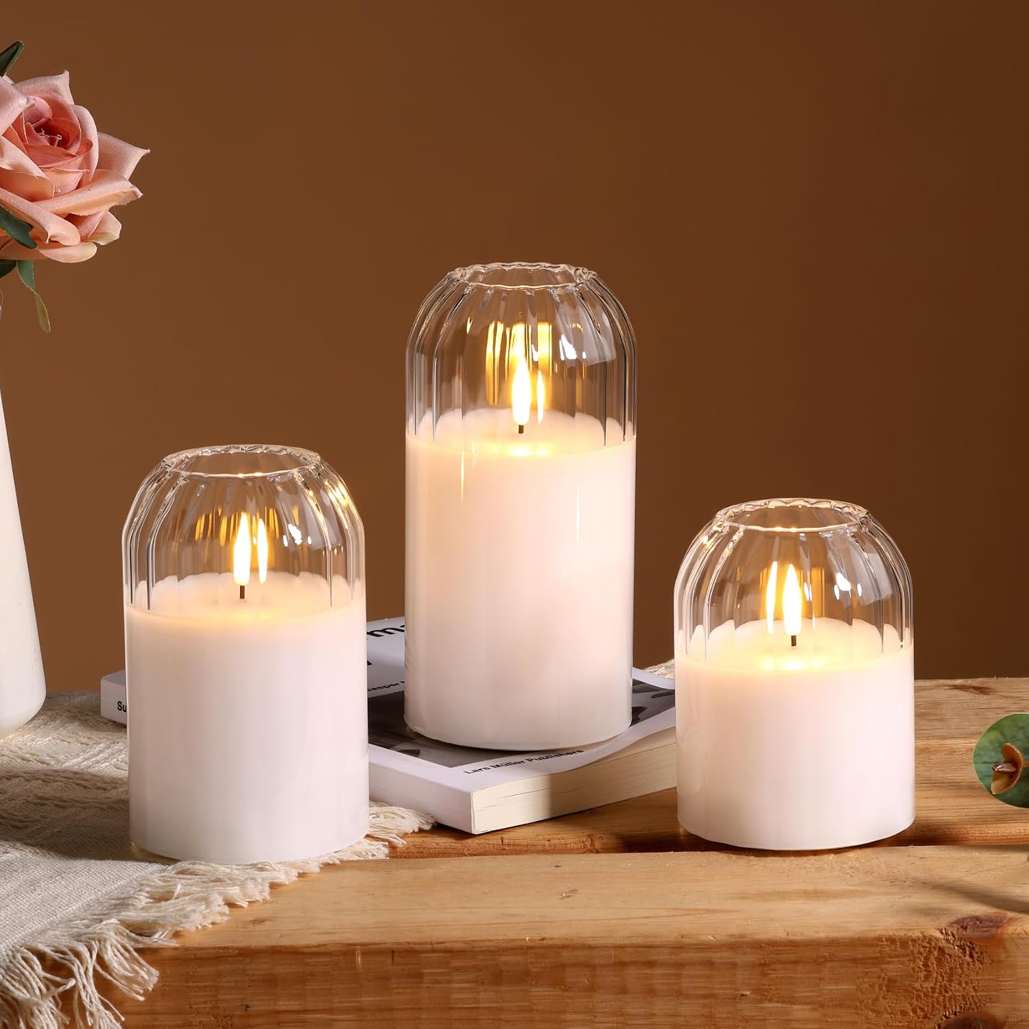 Clear Glass Flameless Candles with Remote, Flickering LED Pillar Candles Battery Powered Ribbed Dome Top Set of 3