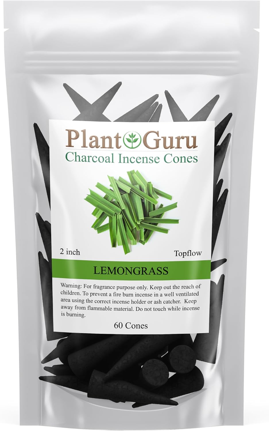 Lemongrass Charcoal Incense Cones 2" TOPFLOW - 60 Pack - Natural Scented Cones Handmade Hand Dipped