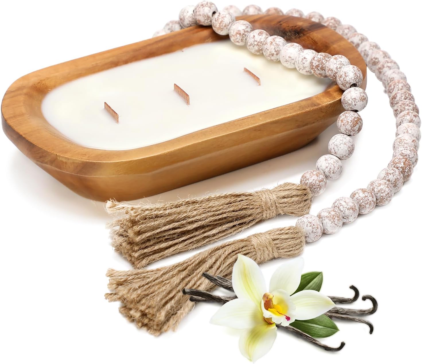 Wooden Bowl Candle 10 Inch, Soy Large Farmhouse Candle for Table, Vanilla Spice Scented, 3 Wood Wicks, Christmas Candle Gifts for Men & Women