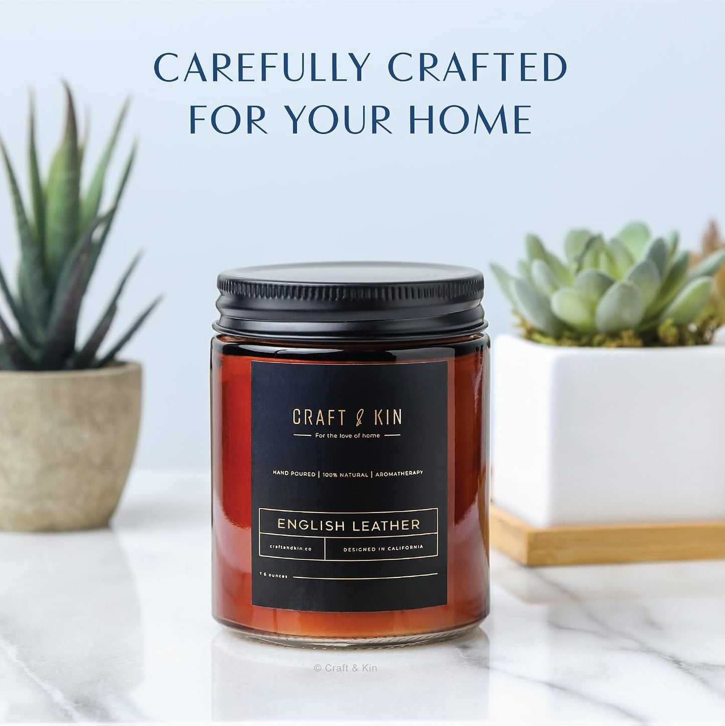 Craft & Kin Premium English Leather Scented Candle – Long Lasting, 45 Hour Burn Time – Luxury Natural Soy Scented Candle – Room Decor and Aromatherapy – 8 oz