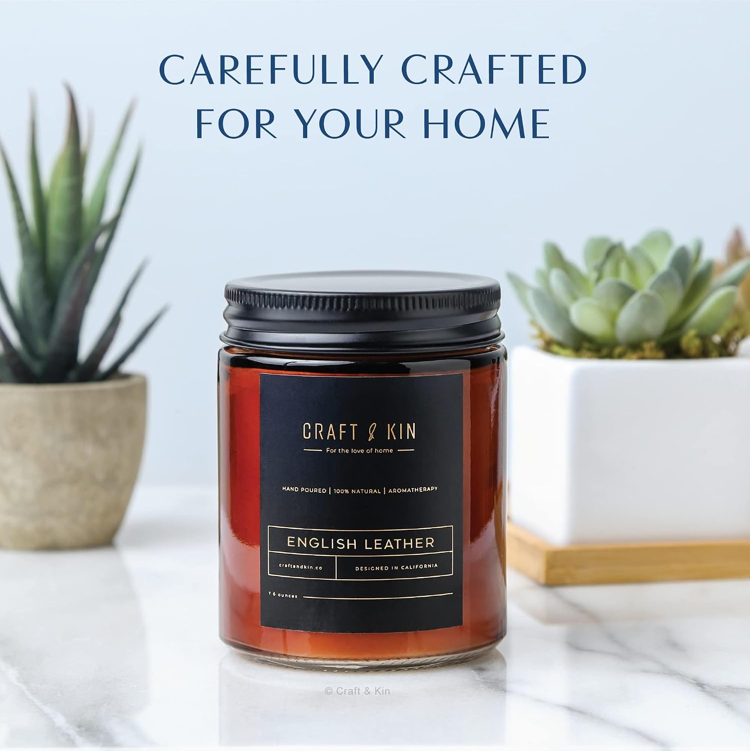 Craft & Kin Premium English Leather Scented Candle – Long Lasting, 45 Hour Burn Time – Luxury Natural Soy Scented Candle – Room Decor and Aromatherapy – 8 oz