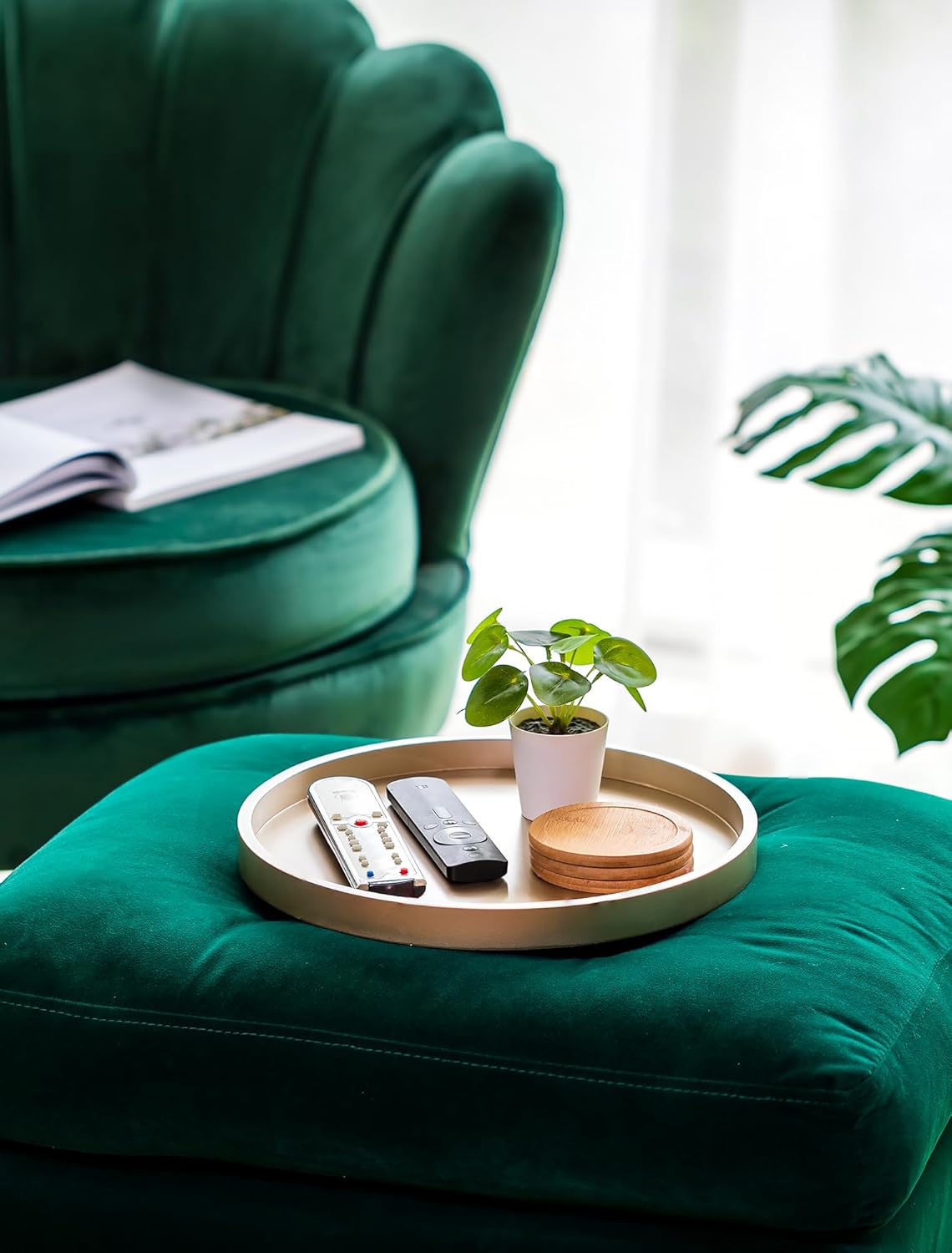 Hanobe Decorative Tray for Coffee Table: Round Champagne Gold Tray for Home Decor - 11.8" Modern Circle Candle Holder Plate for Living Room