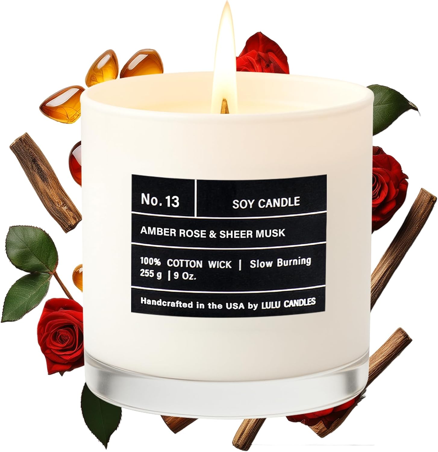 Lulu Candles | Amber, Rose & Sheer Musk II | Luxury Scented Soy Jar Candle | Hand Poured in The USA | Highly Scented & Long Lasting- 9 Oz.