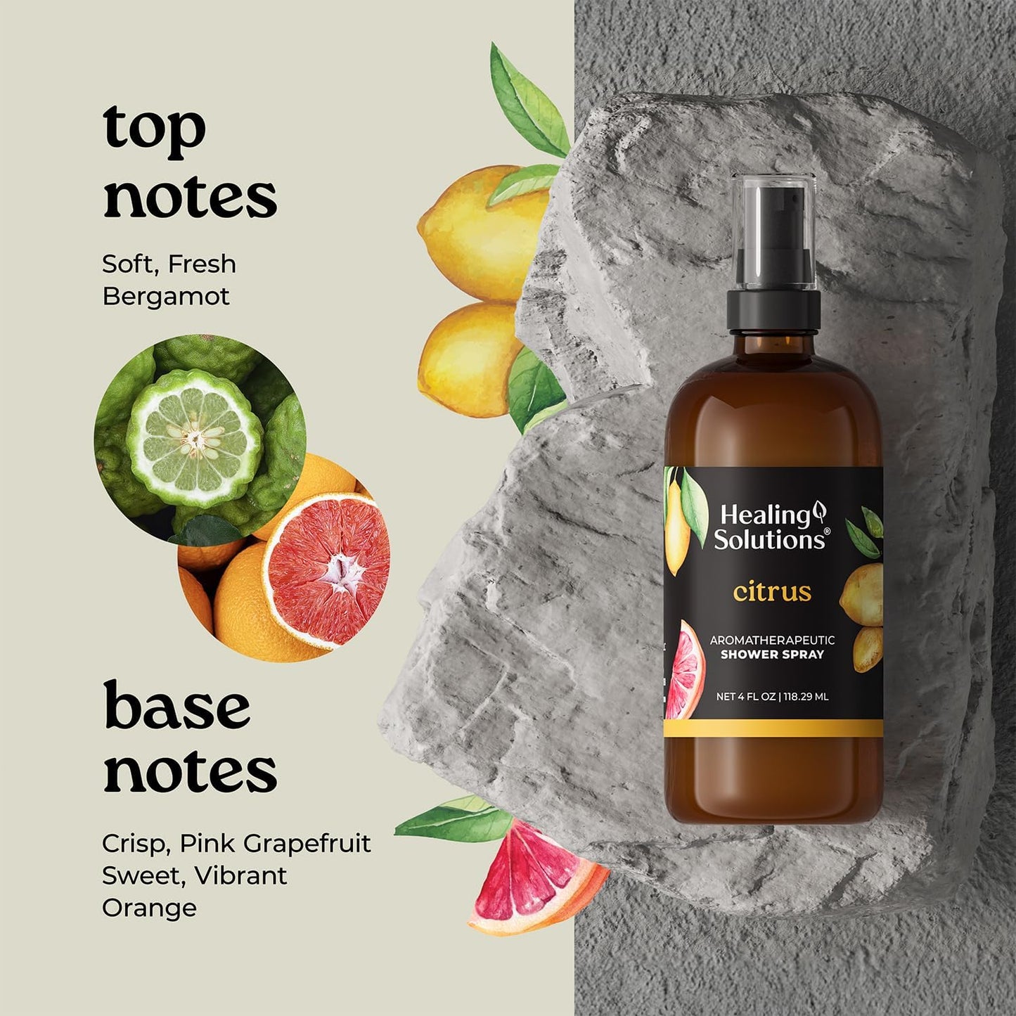 Healing Solutions Aromatherapy Shower Spray, Citrus, 4oz, Therapeutic Grade Essential Oils, Made in the USA, At Home Spa Experience (4oz, Citrus)