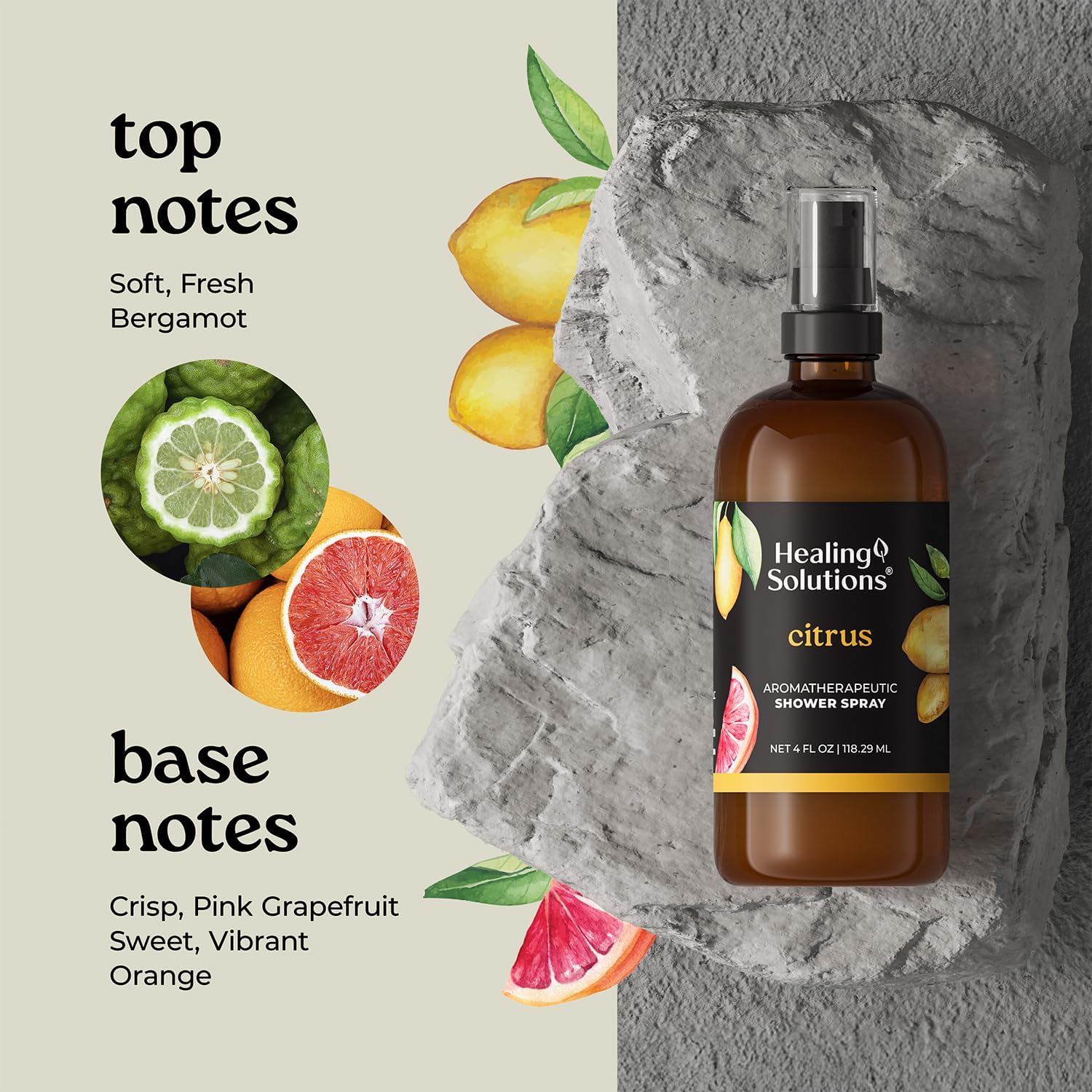 Healing Solutions Aromatherapy Shower Spray, Citrus, 4oz, Therapeutic Grade Essential Oils, Made in the USA, At Home Spa Experience (4oz, Citrus)