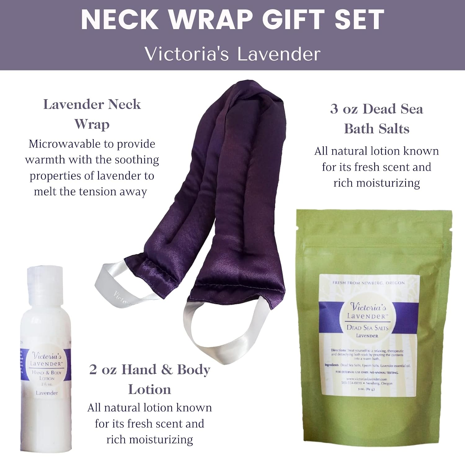Victoria's Lavender Luxury Lavender Neck Wrap, Dead Sea Bath Salts, and Hand & Body Lotion , Microwavable Neck Heating Pad Filled with Lavender Buds & Flax Seed, Relaxing Spa Gift Basket, Set of 3