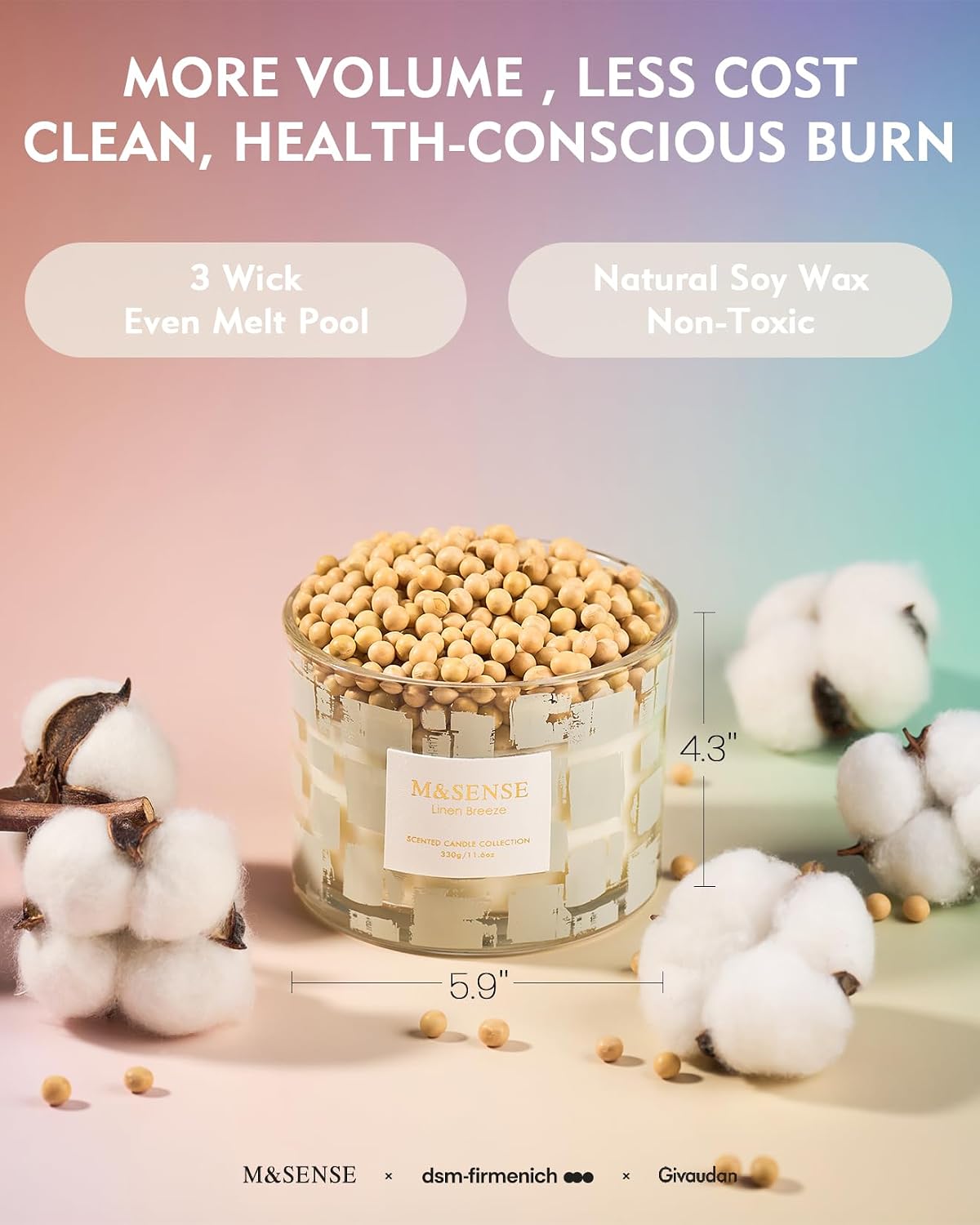 M&SENSE Linen Breeze, 3 Wick Scented Candle,11.6oz Natural Soy Wax Non Toxic for Home, Up to 60 Hours Burn time, Jar Candle Long Lasting,Fall Decorations for Home