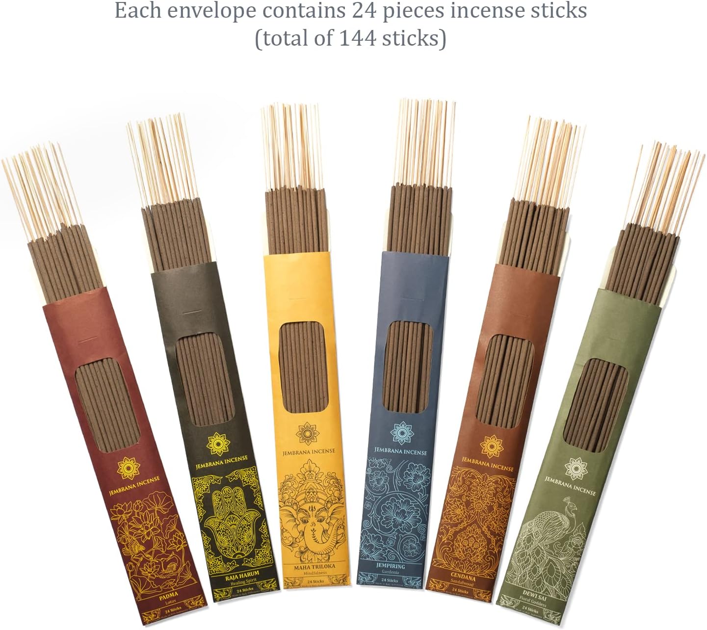 Bali Soap Jembrana Incense Sticks - Variety Pack 6 Scents (144 Sticks Total, 24 Sticks Each) of Lotus (Padma), Sandalwood, Gardenia, Maha Triloka, Raja Harum & Dewi Sai (Amber)