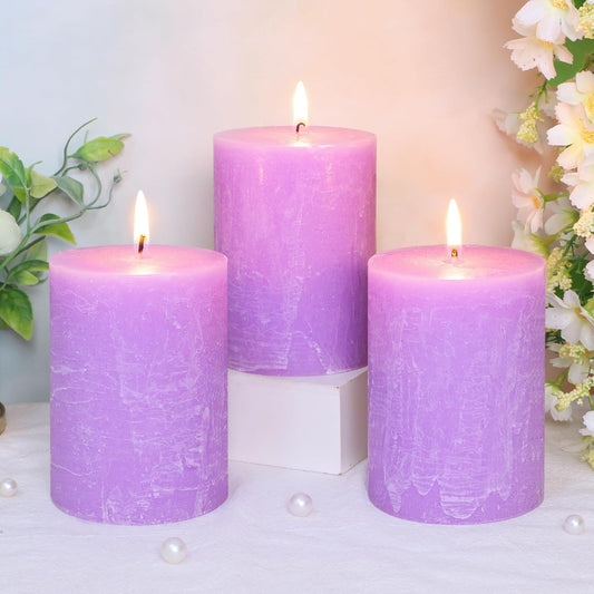 3x4 Inch Lavender Scented Pillar Candles Set of 3 Light Purple Hand-Poured Candle Long-Lasting Burn Rustic Decorative