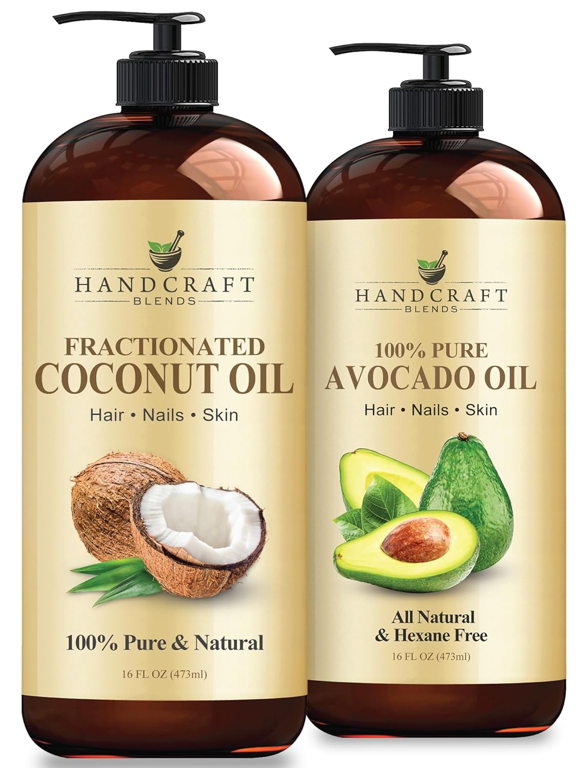 Handcraft Blends Deep Hydration Set: Avocado Oil and Fractionated Coconut Oil – (2 x 16 Fl Oz) – 100% Pure & Natural – Premium Carrier Oils for Dry Skin and Hair Masks