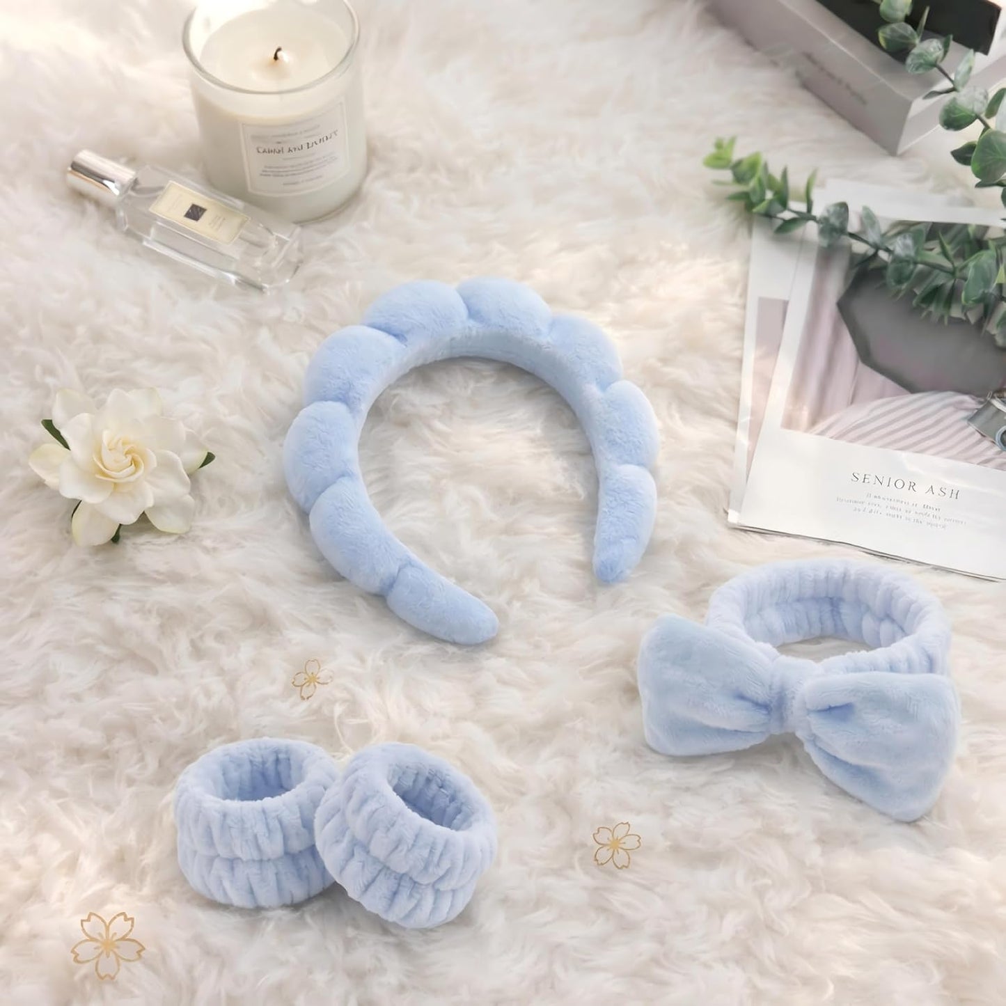 Headband for Washing Face and Wristband Set, Blue | Soft absorbent fabric, snug head-hugging fit for face washing, skincare, makeup, masks, travel, women and teen girls