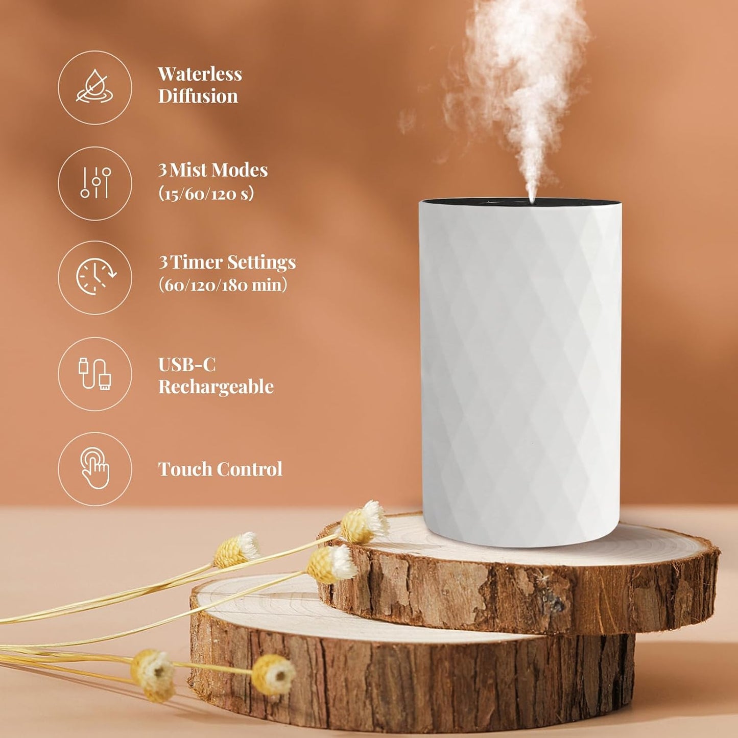 Waterless Essential Oil Diffuser - Portable Aromatherapy Scent Machine with 3 Mist Modes & Timer