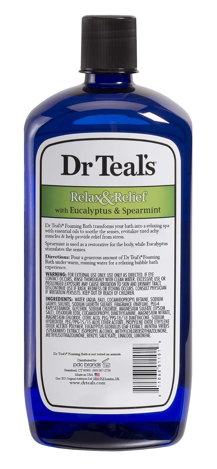 Dr Teal's Foaming Bath with Pure Epsom Salt, Relax & Relief with Eucalyptus & Spearmint, 34 fl oz
