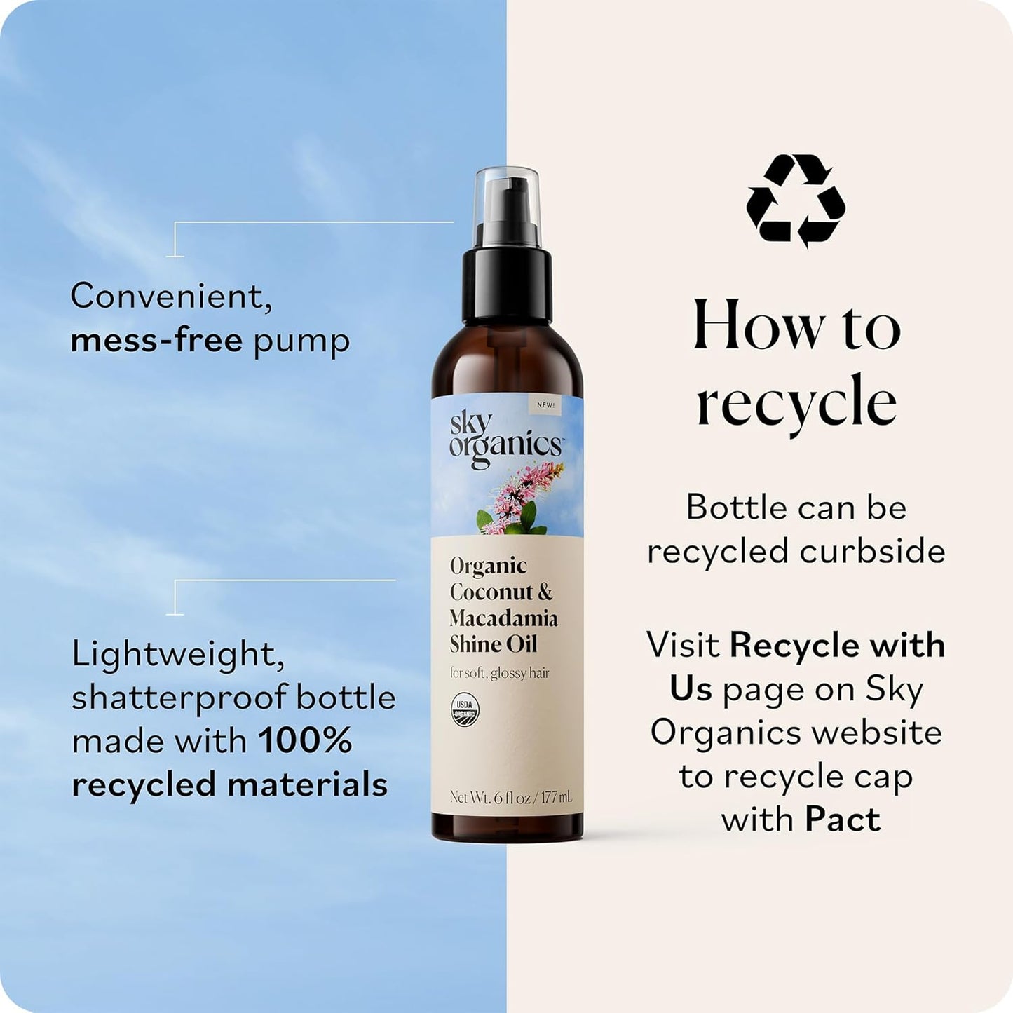 Sky Organics - Organic Coconut & Macadamia Shine Oil (6 fl oz/177 mL) Soft, Glossy, Hydrating Hair Oil - Organic Lavender, Sunflower, & Jojoba - Vegan, Cruelty Free, Hair Care with eBook