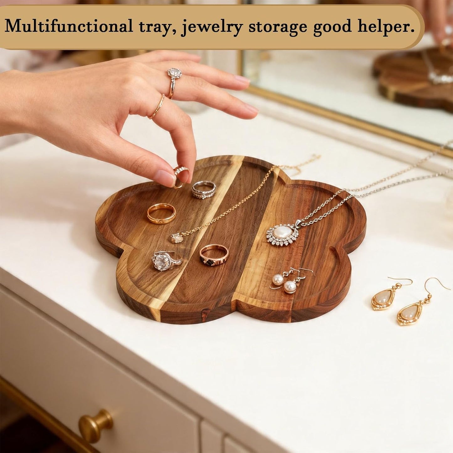 11.8" Acacia Wood Flower-Shaped Tray, Wooden Candle Tray, Decorative Candle Holder Candle Plate Jewelry Organizer, Farmhouse Serving Tray for Food, Drinks, Jewelry, Key, Vanity & Home Decor