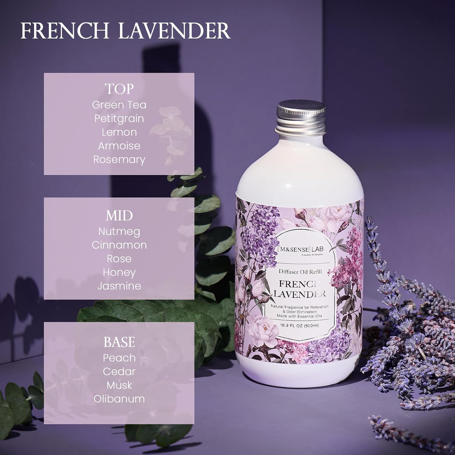 M&SENSE Reed Diffuser Oil Refill, 16.9oz (500ml) with 10 Hollow Reed Sticks, French Lavender Scent Home Fragrance, Scented Oil Refills, Natural Essential Oils for Diffusers, Décor for Home Spa Office