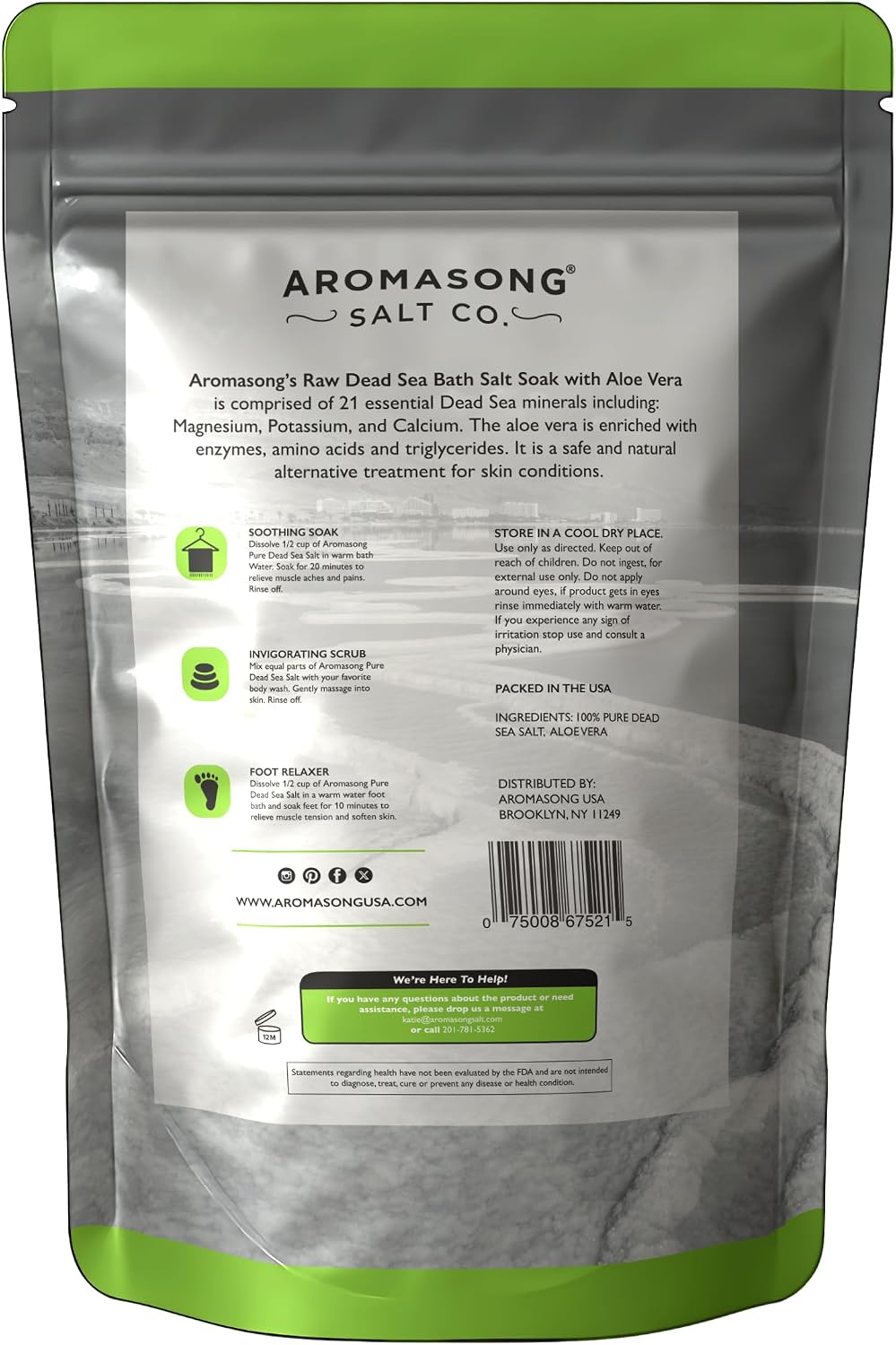 Aromasong 5 lbs Raw Dead Sea Salt with Organic Aloe Vera, not Cleaned, Still Contains All Dead sea Minerals Including Dead sea Mud, Fine Medium Grain Large resealable Bulk Pack (Packaging May Vary)