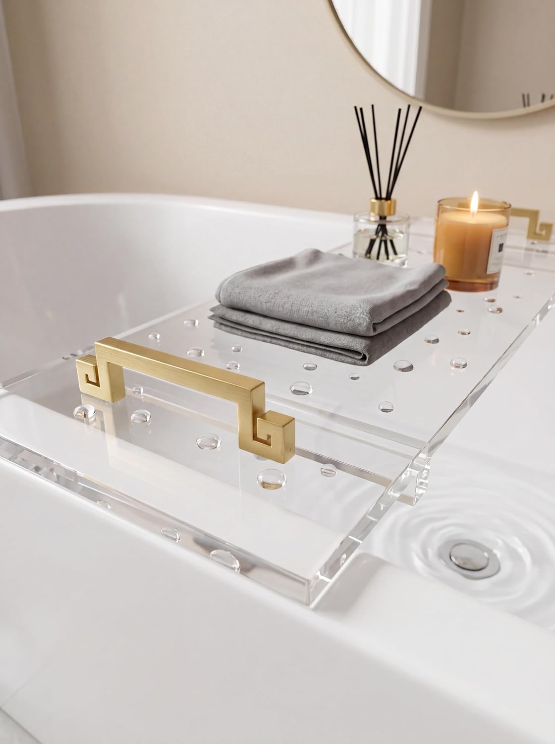 42 Inch Acrylic Bathtub Tray Caddy, Clear Thick Lucite Bath Tub Shelf with Gold Anti-Slip Support Brackets, Luxury Bathroom Spa Bathtub Organizer Tray