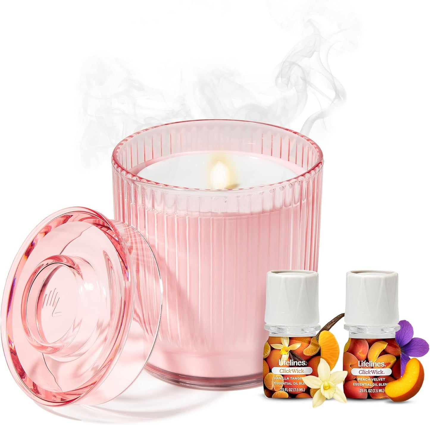 Lifelines Flameless Candle Aromatherapy Essential Oil Diffuser with 2 ClickWick Essential Oil Blends - Cordless & Waterless Diffuser for Home - Scented Electric Candles Blow Out Flame - Pink Jar