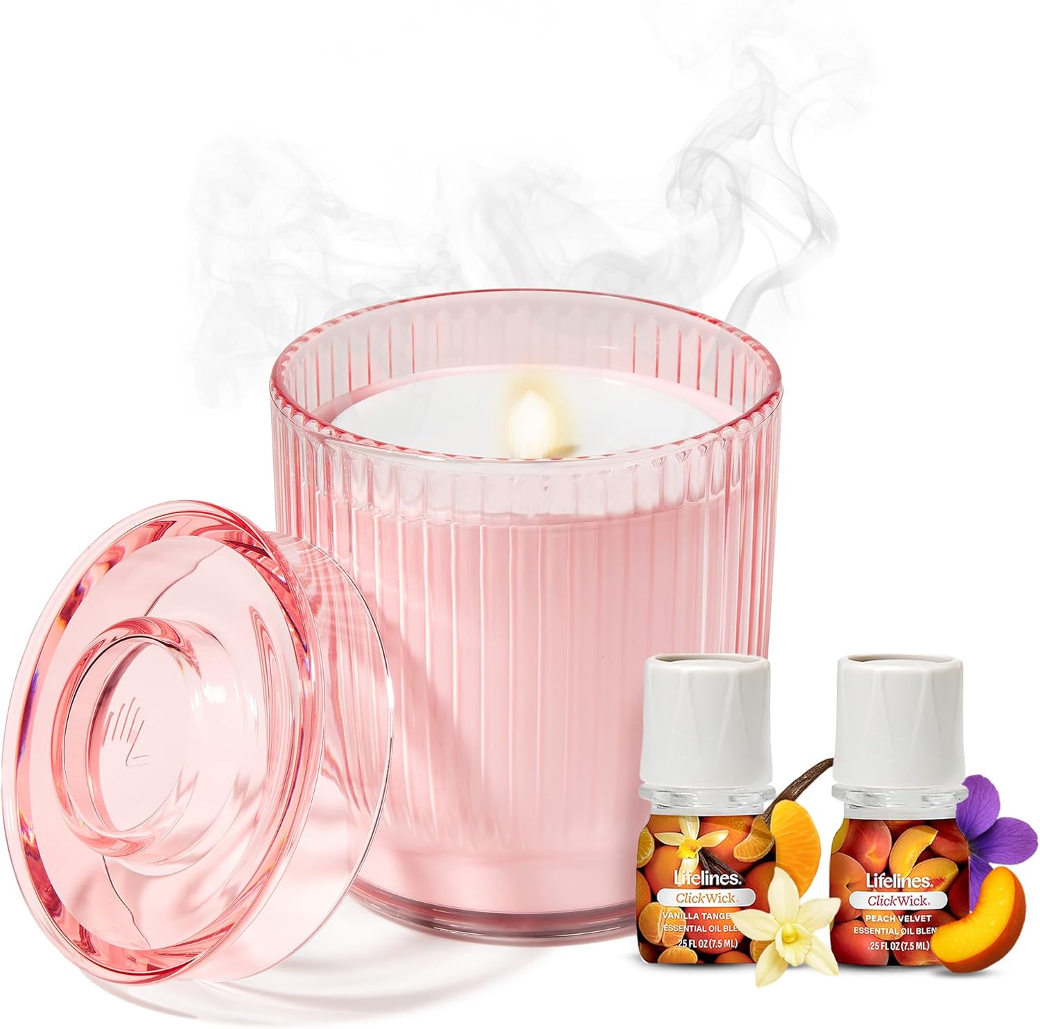 Lifelines Flameless Candle Aromatherapy Essential Oil Diffuser with 2 ClickWick Essential Oil Blends - Cordless & Waterless Diffuser for Home - Scented Electric Candles Blow Out Flame - Pink Jar