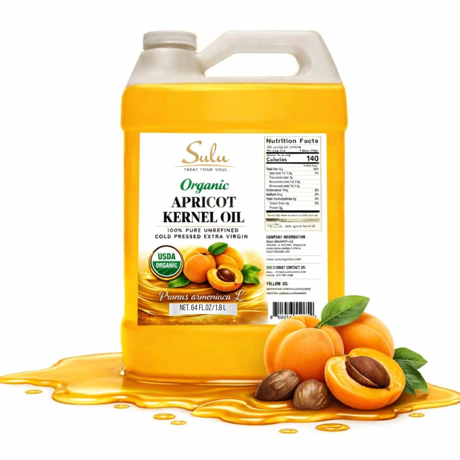 USDA Organic Cold Pressed Unrefined Apricot Kernel Oil (64 oz)