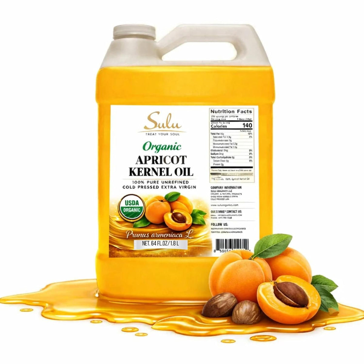 USDA Organic Cold Pressed Unrefined Apricot Kernel Oil (64 oz)