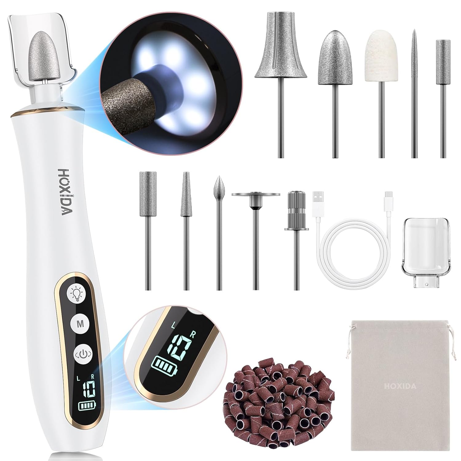Hoxida Cordless Electric Nail Drill: 10-Speed Professional Nail File with 360° LED Light for Manicure Shaping & Gel Removal, Nail Art Practice Essentials,Home DIY & Portable Travel Use