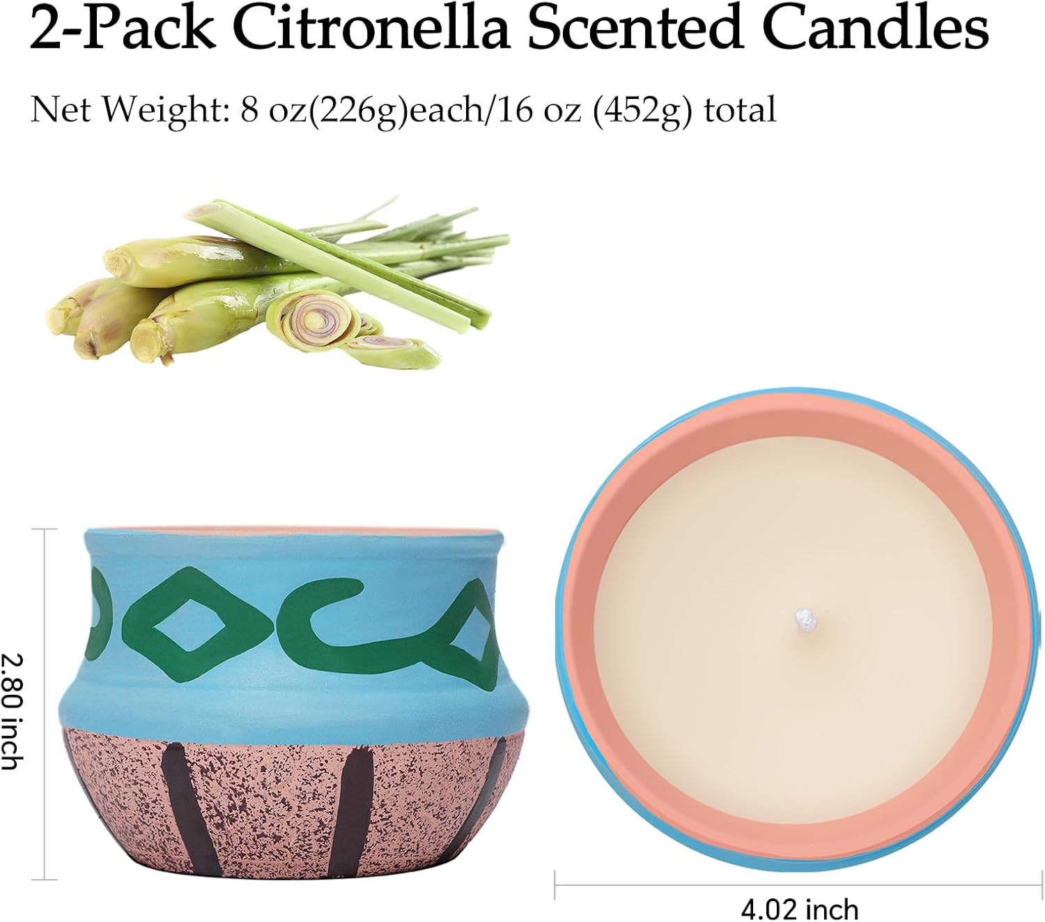 2 Pack Citronella Candles in Coarse Pottery Container, Natural Soy Wax Candle Outdoor and Indoor