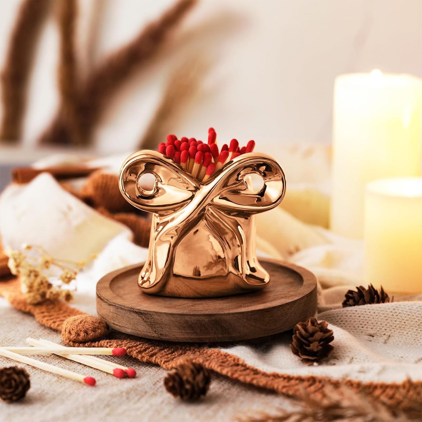 Blulu Bow Ceramic Match Holders Gold Match Decorative Home Decoration for Bathroom Bedroom Fireplace Kitchen