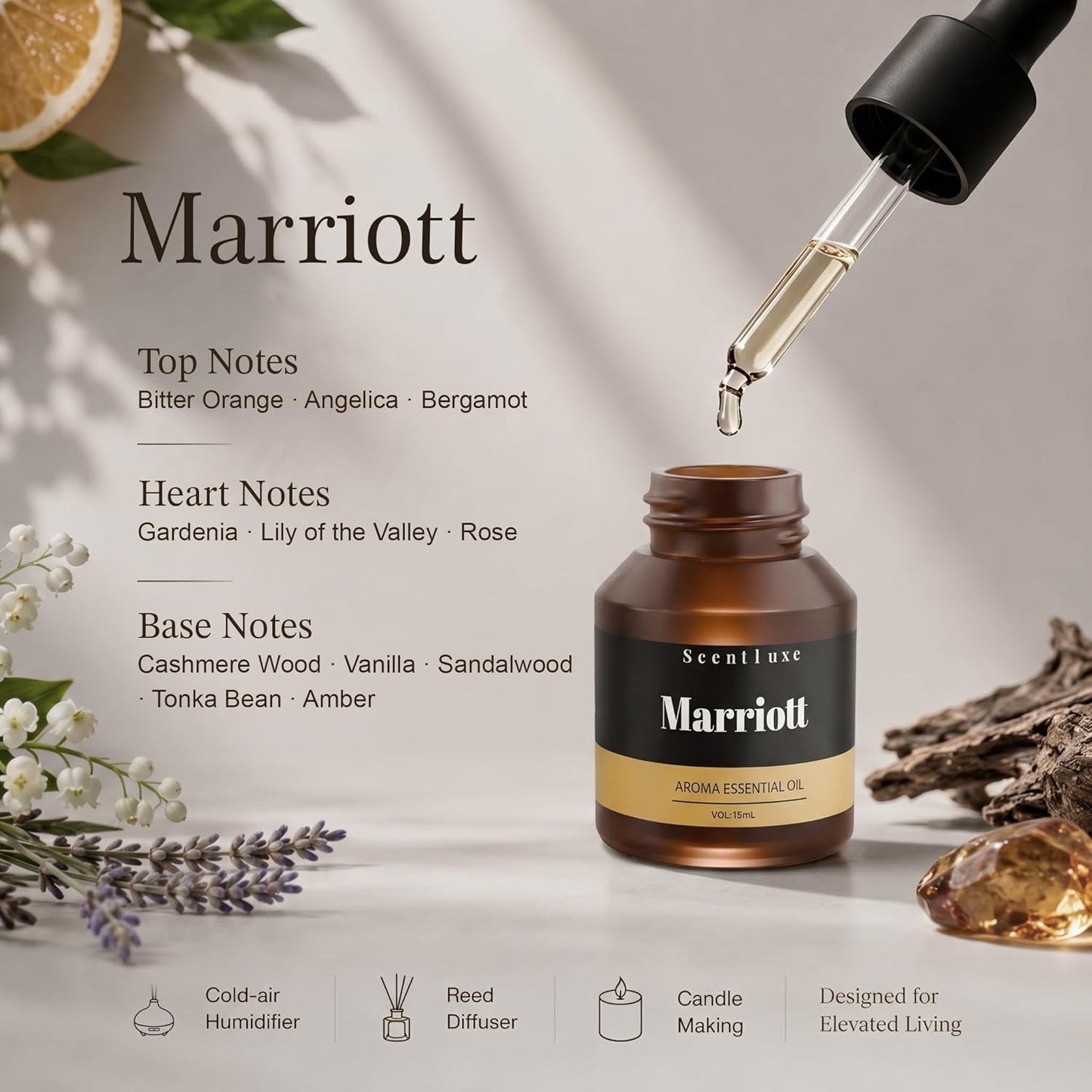 Essential Oils & Hotel Diffuser Oil Inspired Marriott Hotel - Bitter Orange, Jasmine & Lily of the Valley Blend for Home Fragrance Aromatherapy Oil Premium 15mL Glass Bottle