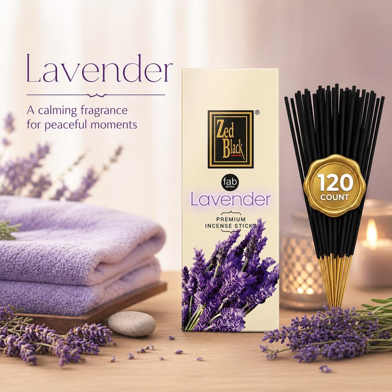 Lavender Incense Sticks 120 Count | Natural Hand-Rolled Aromatherapy Incense for Relaxation, Stress Relief, Meditation, Yoga & Prayer | Long-Lasting Soothing Aroma | Zed Black