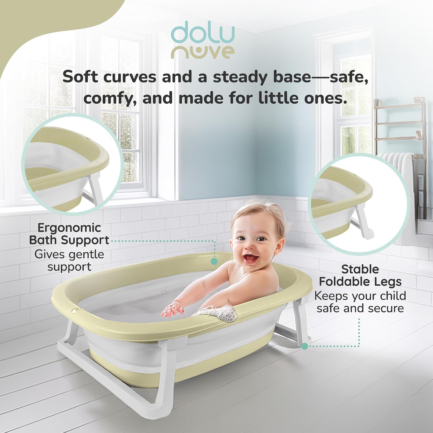 Dolu Nuve Foldable Baby Bathtub, Collapsible Infant and Toddler Bath Tub with Non Slip Feet, Portable Design for Bathroom or Travel, Eco Green