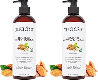 PURA D'OR 16 Oz ORGANIC Sweet Almond Oil-100% Pure&Natural USDA Certified Cold Pressed Carrier Oil For DIY Beauty-Non-Greasy,Unscented,Hexane Free Moisturizer-Massage-Oil For Hair&Skin,(Pack of 2)