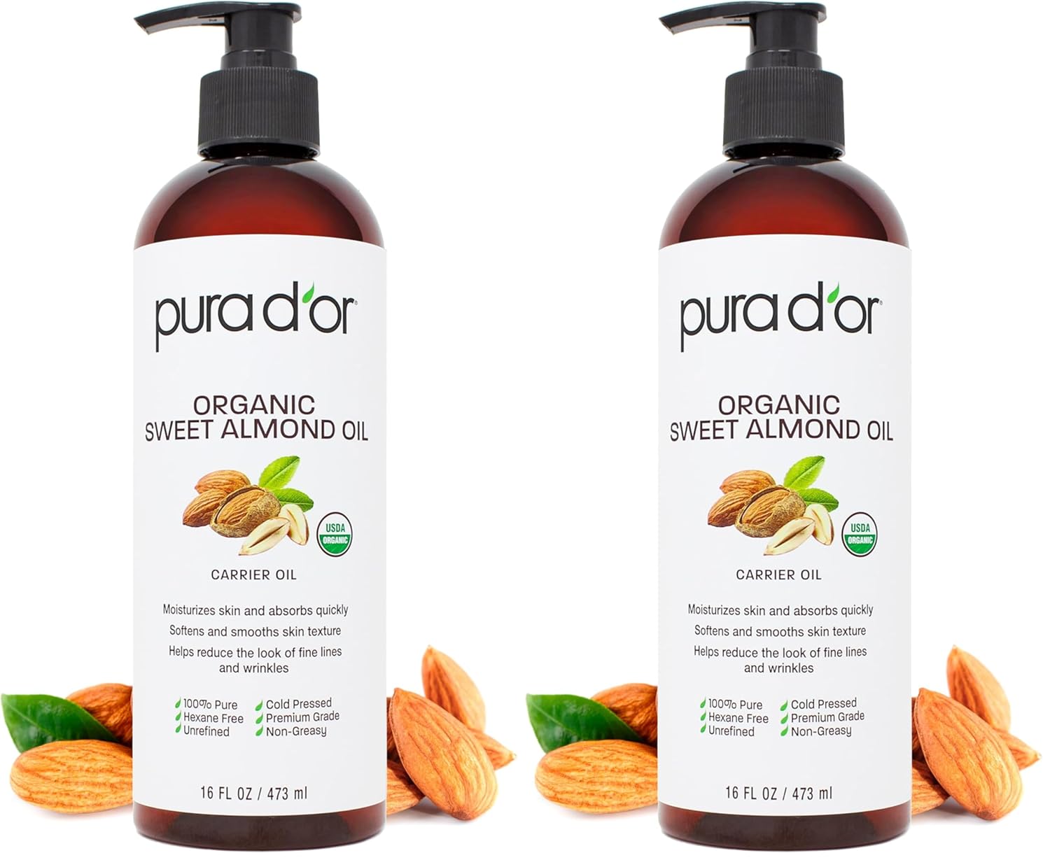 PURA D'OR 16 Oz ORGANIC Sweet Almond Oil-100% Pure&Natural USDA Certified Cold Pressed Carrier Oil For DIY Beauty-Non-Greasy,Unscented,Hexane Free Moisturizer-Massage-Oil For Hair&Skin,(Pack of 2)
