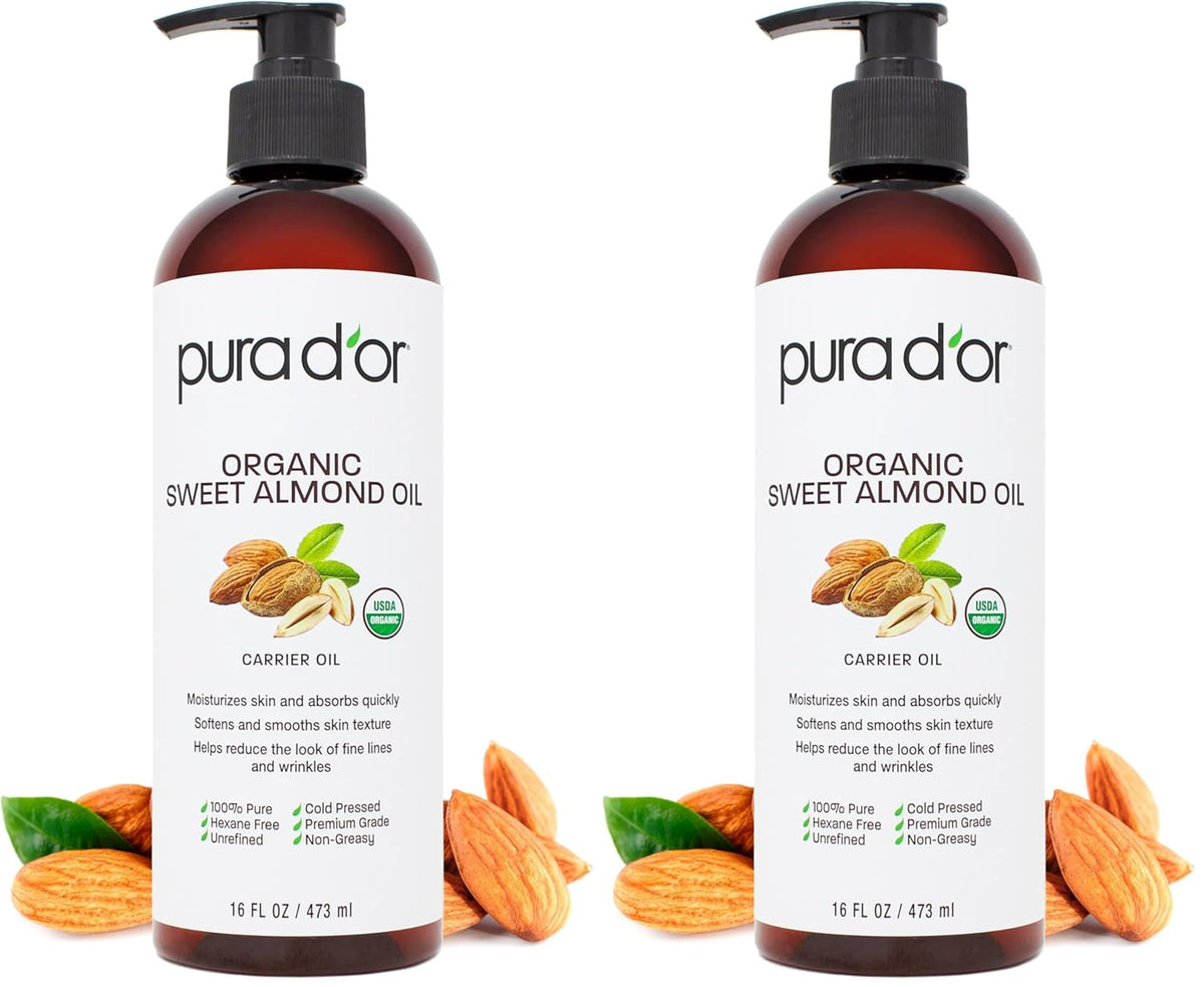 PURA D'OR 16 Oz ORGANIC Sweet Almond Oil-100% Pure&Natural USDA Certified Cold Pressed Carrier Oil For DIY Beauty-Non-Greasy