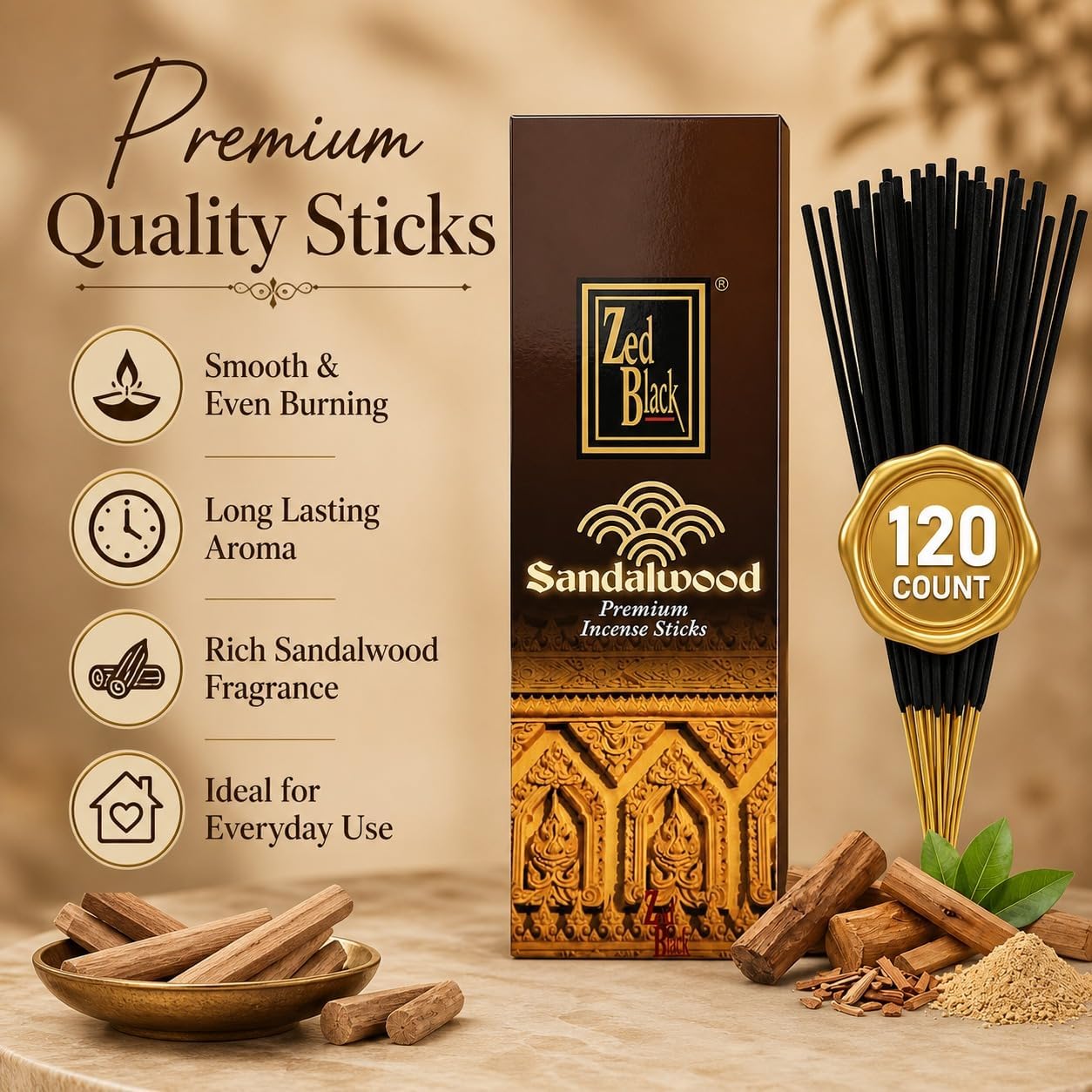 Sandalwood Incense Sticks -120 Count | Hand-Rolled, Long-Lasting Sandalwood Aroma | Ideal for Meditation, Relaxation, Yoga & Spiritual Balance I Zed Black