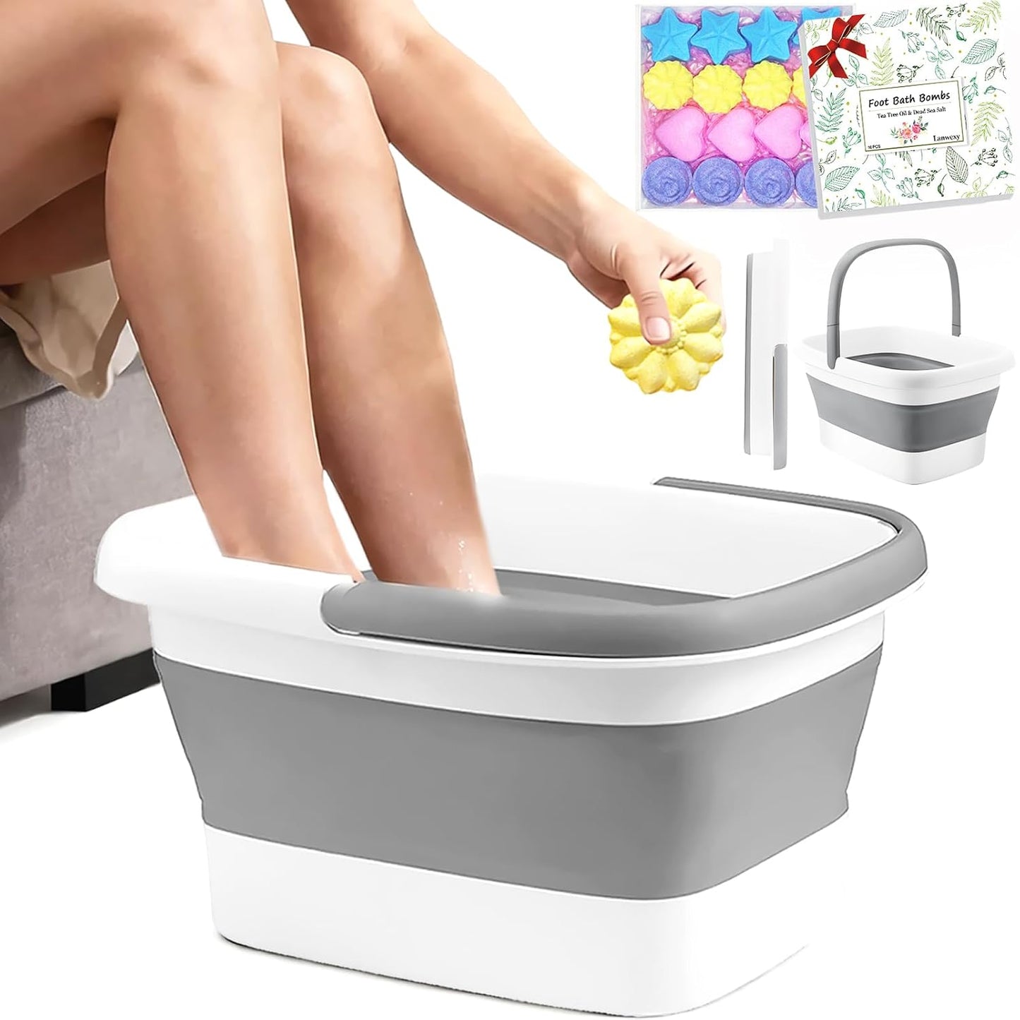 Lanwexy Foot Soaking Tub,Collapsible Bucket,Foot Spa,Foot Bath 16 Pack Foot Soak with Bath Salt and Tea Tree Oil.Foot Bath Soak Tub,Foot Balls for Feet Callus, Dry Cracked, Stubborn Feet Odor Scent.