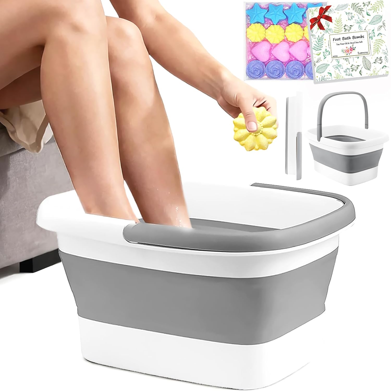 Lanwexy Foot Soaking Tub,Collapsible Bucket,Foot Spa,Foot Bath 16 Pack Foot Soak with Bath Salt and Tea Tree Oil.Foot Bath Soak Tub,Foot Balls for Feet Callus, Dry Cracked, Stubborn Feet Odor Scent.
