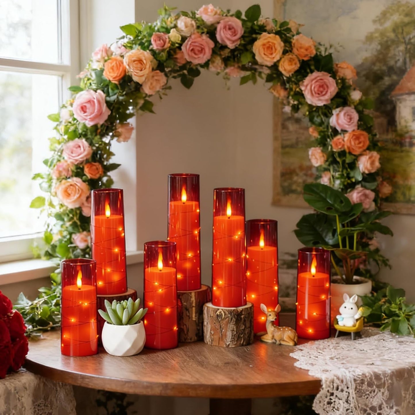 Nimiko Flickering Flameless LED Candles,Battery Operated Candles 24 Pcs with Embedded Star String,Acrylic LED Pillar Candles with Remote,Suitable for Home Decoration to Create an Atmosphere (Red)