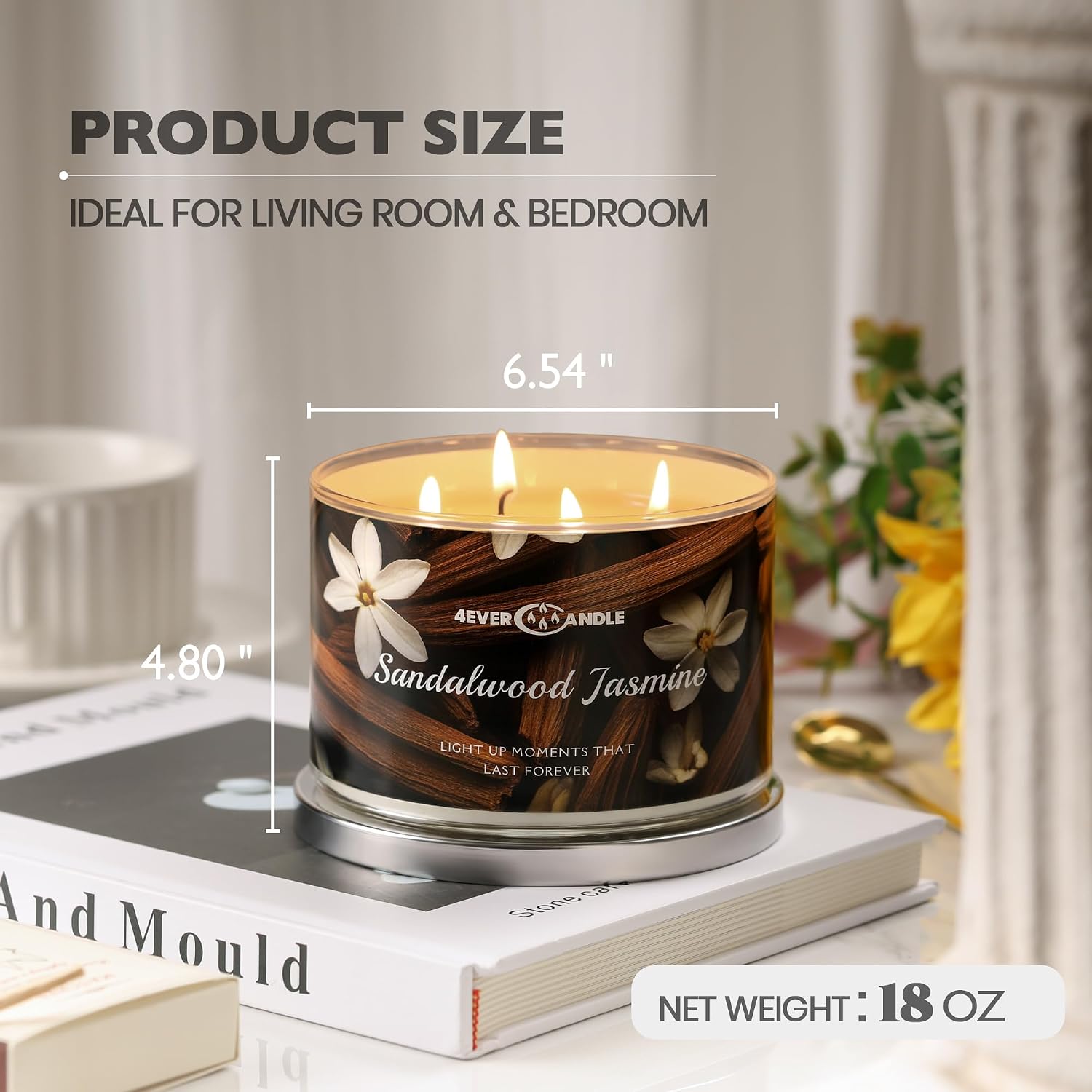 4EVER Scented Candles | 4-Wick 18oz Soy Wax Candle | Up to 50Hrs Clean Burn | Aromatherapy Candles for Home Scented | Gifts for Women & Mom, Sandalwood Jasmine