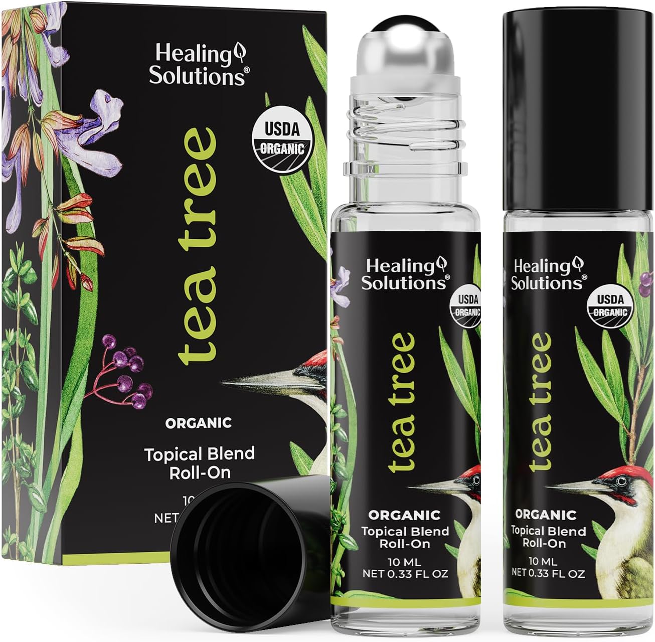 Healing Solutions (2 Pack) USDA Certified Organic Tea Tree Essential Oil Roll-On for Sleep & Skin - Body Oil Topical Applicator