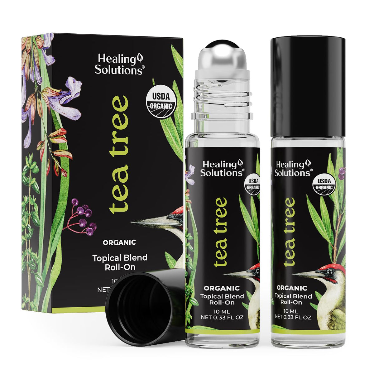 Healing Solutions (2 Pack) USDA Certified Organic Tea Tree Essential Oil Roll-On for Sleep & Skin - Body Oil Topical