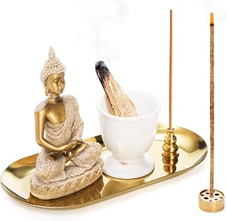TOPZEA 6 in 1 Brass Incense Burner Holder, Palo Santo & Sage Sticks Holder, Ash Catcher Tray with Buddha Statue for Coil Incense, Incense Cone & Stick, Meditation Accessories, Yoga Room Decor