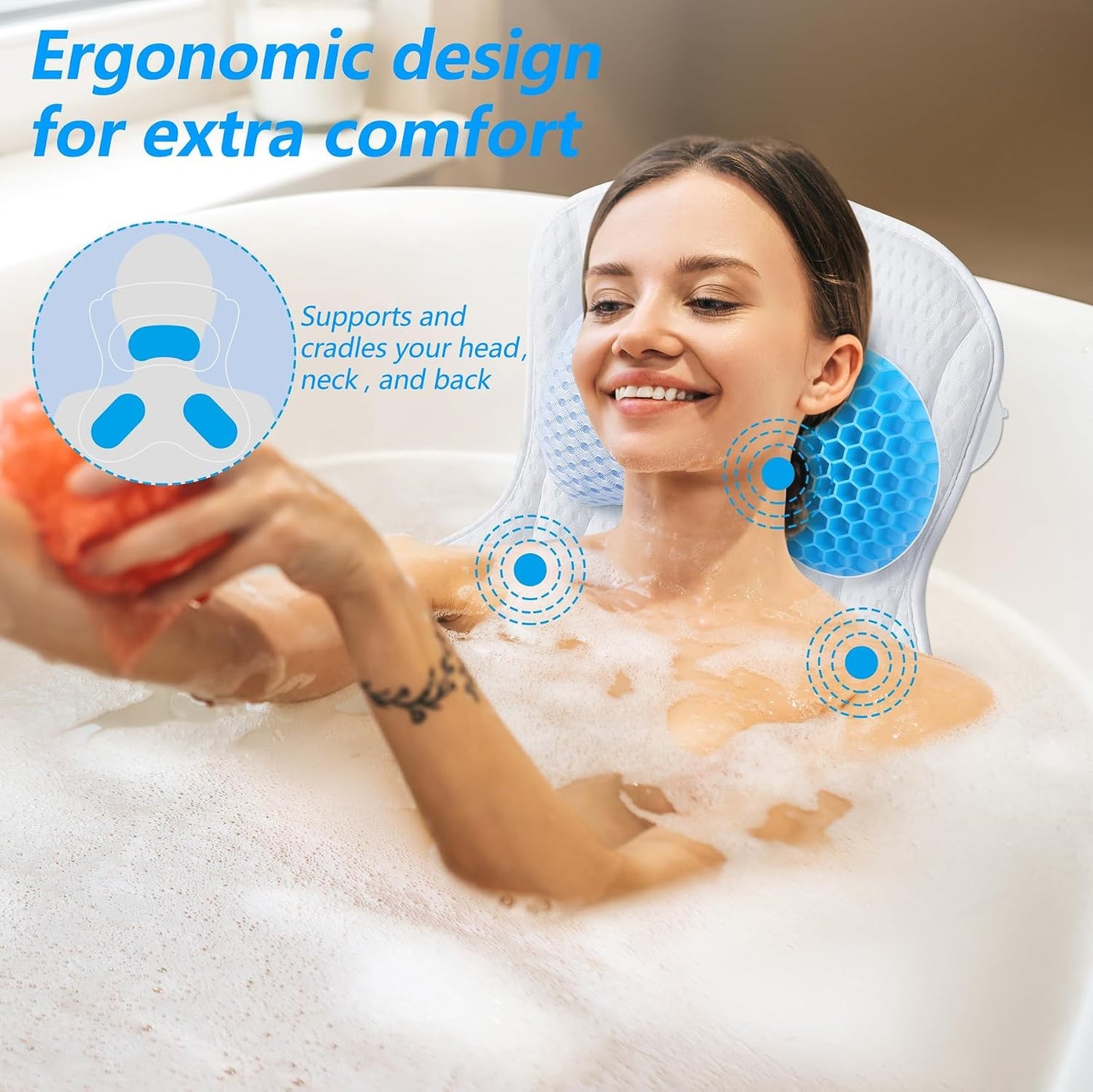 Bath Pillow for Tub, Luxury Bathtub Pillows with Head, Neck and Back Support, Bath Tub Pillow with Soft 4D Breathable Air Mesh Fabric and Non-Slip Suction Cups, Relaxing Bath Tub Accessories, White